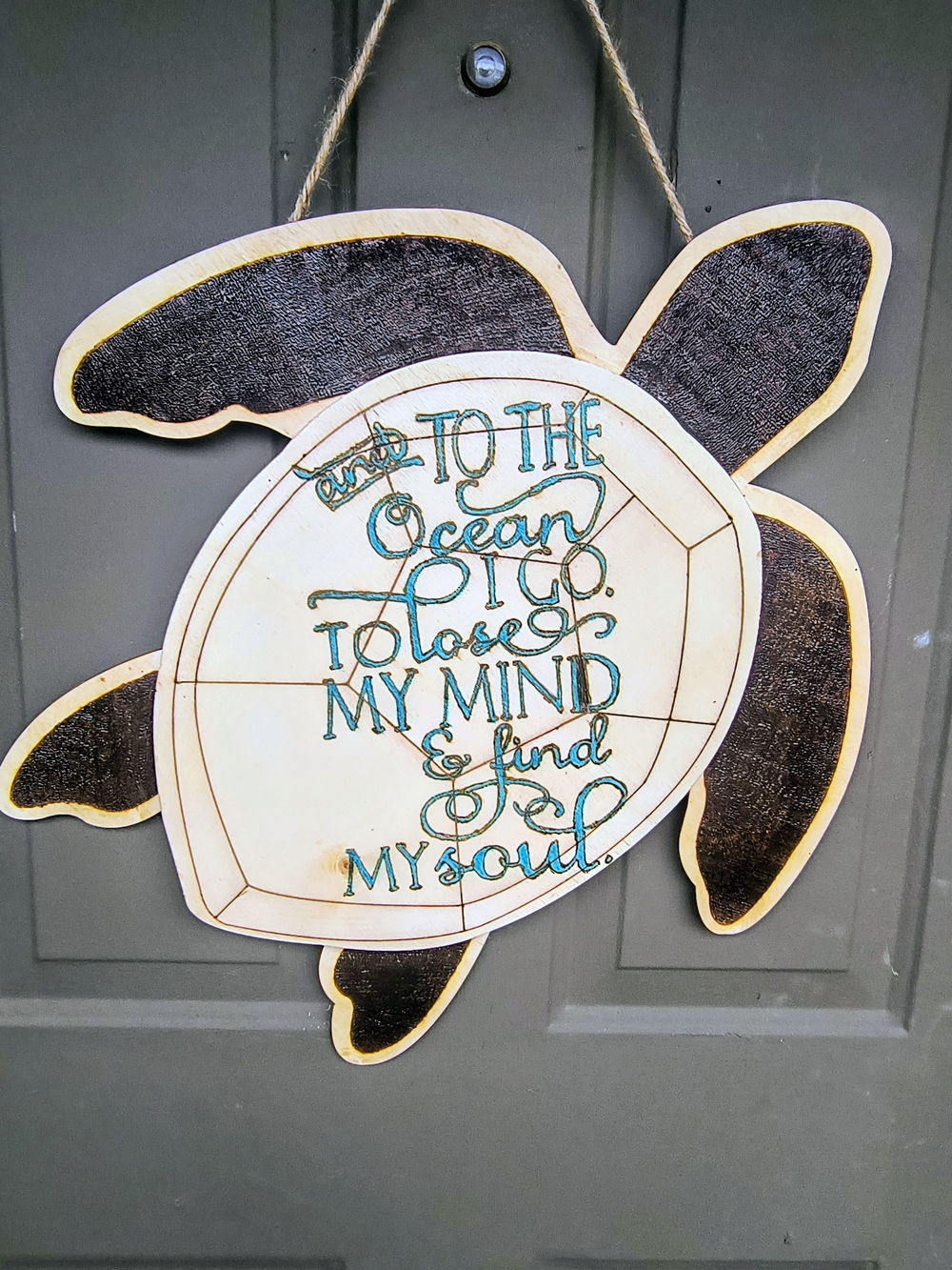 Hand Crafted Turtle Wall Hanging in White and Black with Teal Lettering